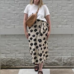Beige Floral Wrap Midi Skirt - Neutral Floral Print